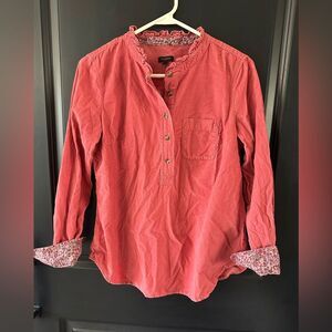 Talbots Ruffle Neck Denim Popover Pink Thin Corduroy Top Shirt Blouse Size Small
